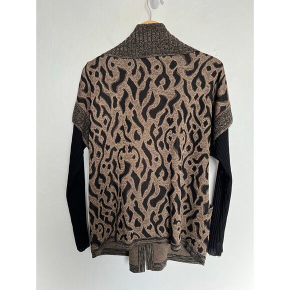 Misook Sweater Jacket Medium Full Zip Black Brown Animal Leopard Print Acrylic - Picture 2 of 6